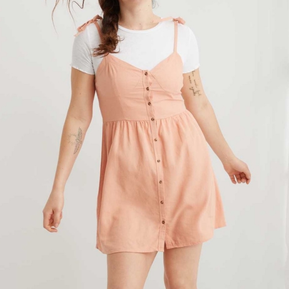 NEW Aerie Linen Blend Button Down Smocked Back Sun Dress Size Medium